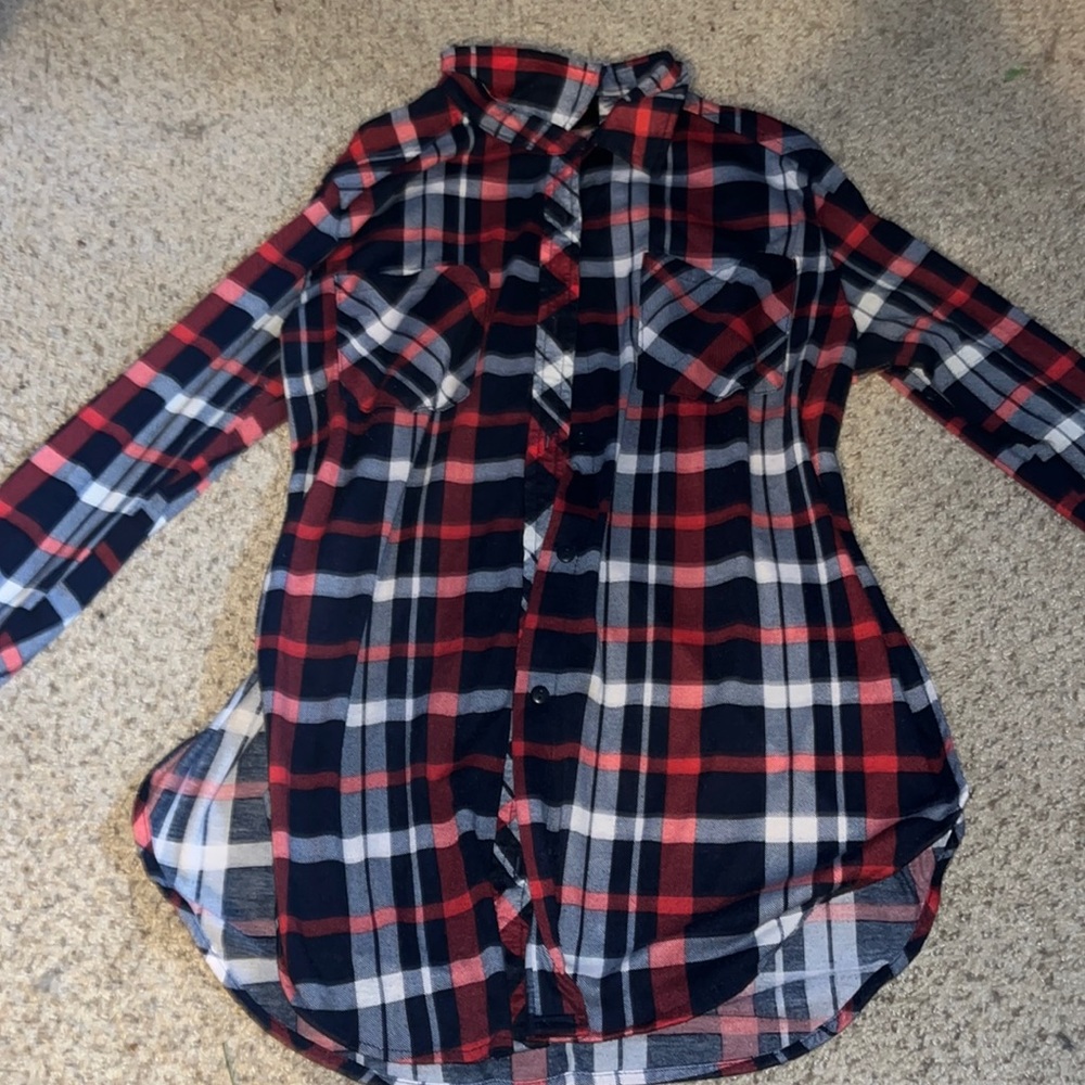 red, white, and blue plaid shirt